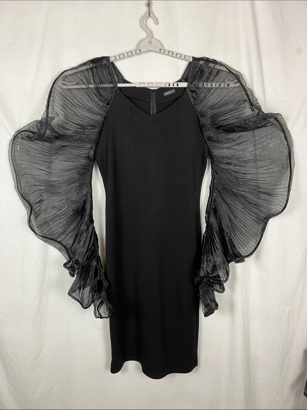WHY Dress Black Bodycon Midi Dress Dramatic Statement Sleeves Organza